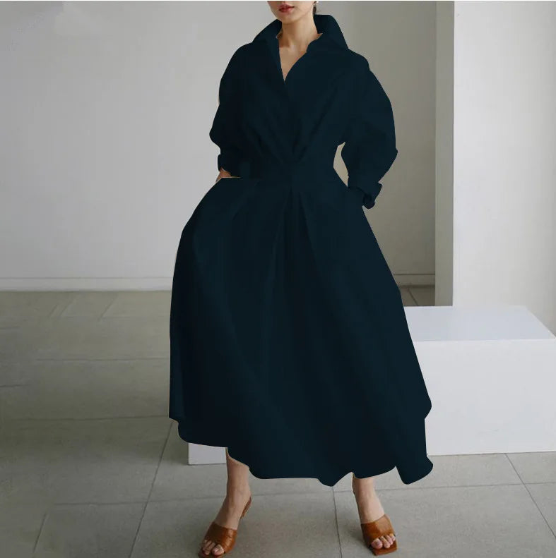 2026 Women's Oversized Elegant Cotton Linen Sundress Lapel Neck High Waist Long Sleeve Long Shirt Dress OL Vestidos Robe Femme