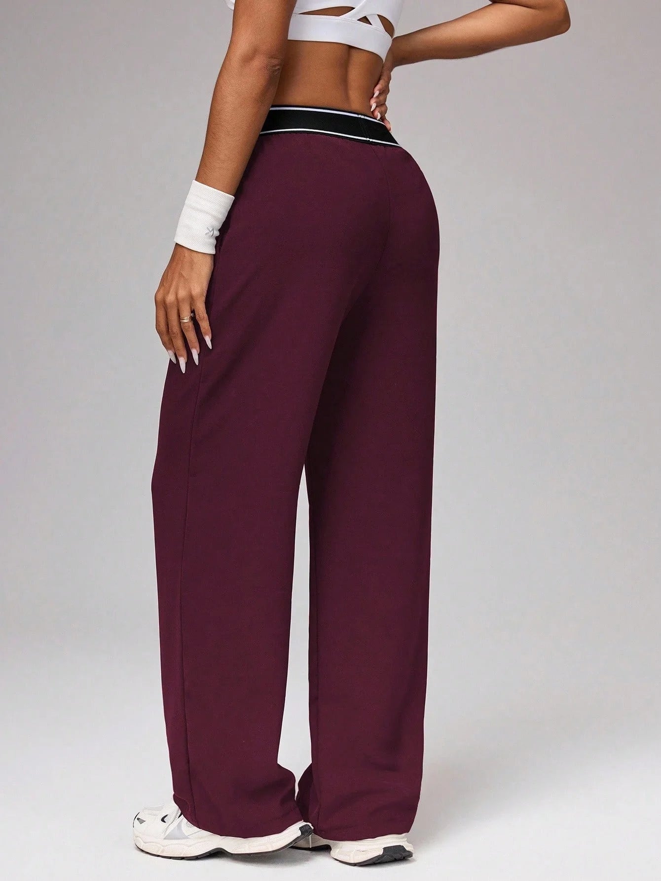 Women's High Waist Wide Leg Pants, Striped Waistband Loose Fit Casual Trousers, Lightweight Breathable Workout Joggers
