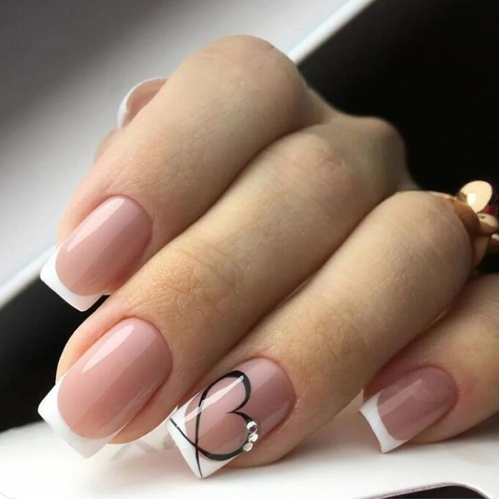 24Pcs French Tip Handmade Press On Nails Minimalist Solid Color Fake Nails Medium Square Full Cover Press On Nail Tips With Glue
