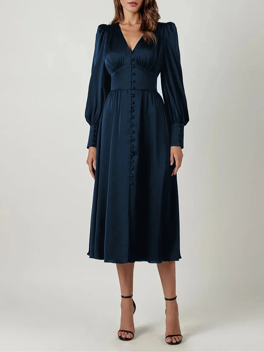 2026 Women's Fashion Satin Dress Lantern Sleeve Waist Slimming Style Elegant Slim Long Dress