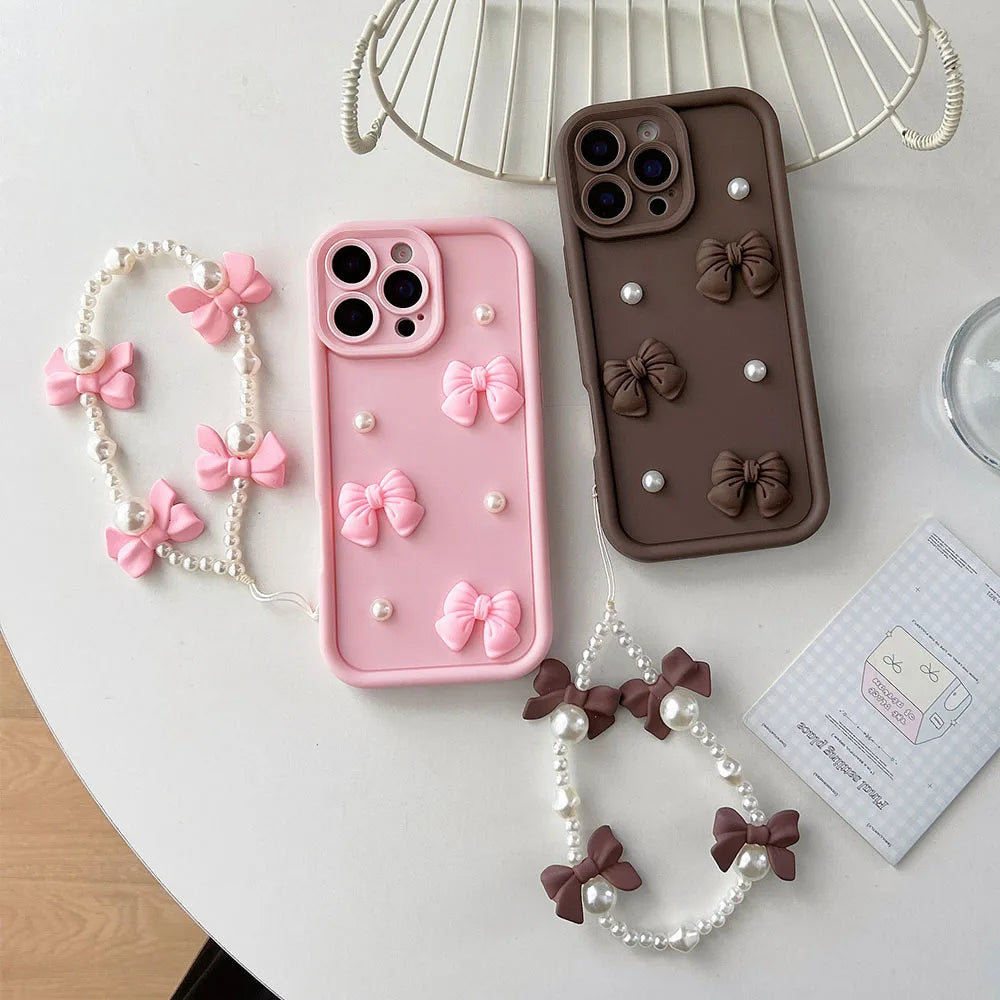 Pearl Bow Chain Phone Case For Redmi Note 14 13 12 11 10 9 8 Pro Plus 11s 13C 12C Women Silicone Back Cover