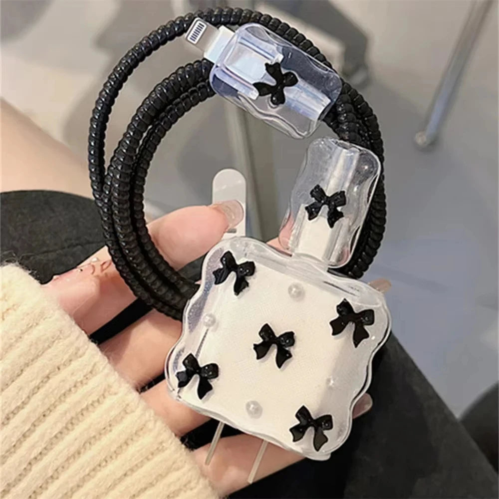 Korean Clear Black Bow Charge Protective Case For iPhone 18W-20W US Data Line Charger Protector Cover Charger Sleeve Accessories