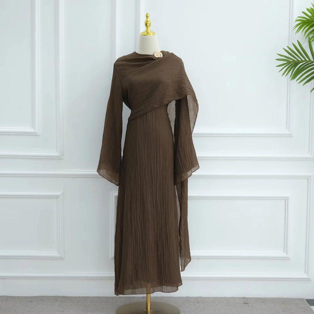 2025 New Pleated Fabric Elegant Shawl Gown Long Dress Islamic Clothing Women Abaya Dubai Modest Abaya Women Muslim Dress