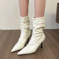 Elastic Short High Heel Boots Women's Autumn Winter Pointed Toe Slim Fit Pleated Booties Mid-Calf Faux Leather Rubber Sole