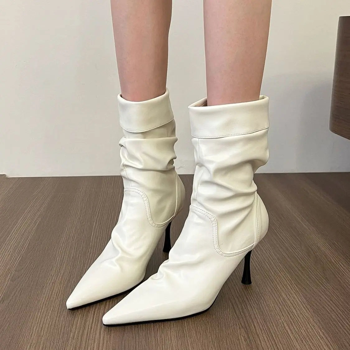 Elastic Short High Heel Boots Women's Autumn Winter Pointed Toe Slim Fit Pleated Booties Mid-Calf Faux Leather Rubber Sole