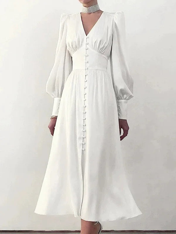 2026 Women's Fashion Satin Dress Lantern Sleeve Waist Slimming Style Elegant Slim Long Dress