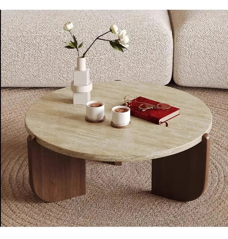 Wabi Sandy Wind Solid Wood Travertine Coffee Table Minimalist Small Tea Table Small Apartment Living Room Household Round Balcon