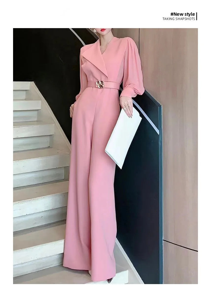 2025 New Spring Autumn Women Long Jumpsuits Fashion Elegant Office Lady Long Sleeve Wide Leg Pants Rompers