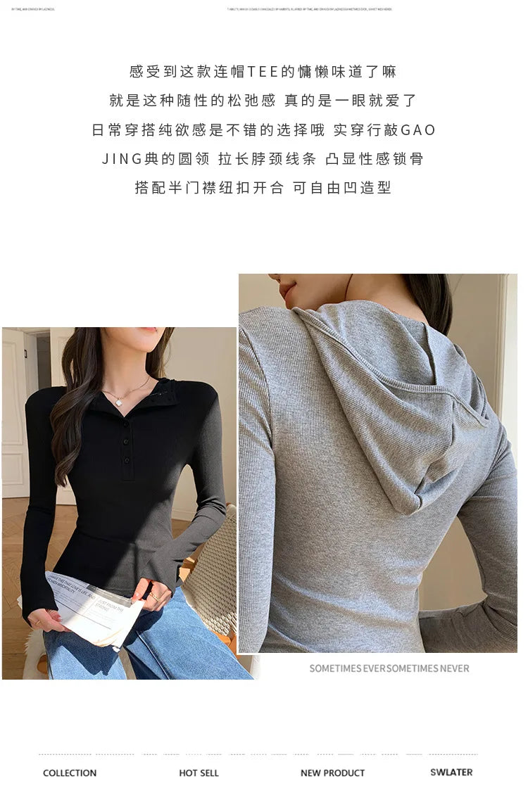 Half-buttoned Hooded Sweatshirt for Women Autumn Winter Striped Inner Layering Shirt Slim Long-sleeved Top T-shirt