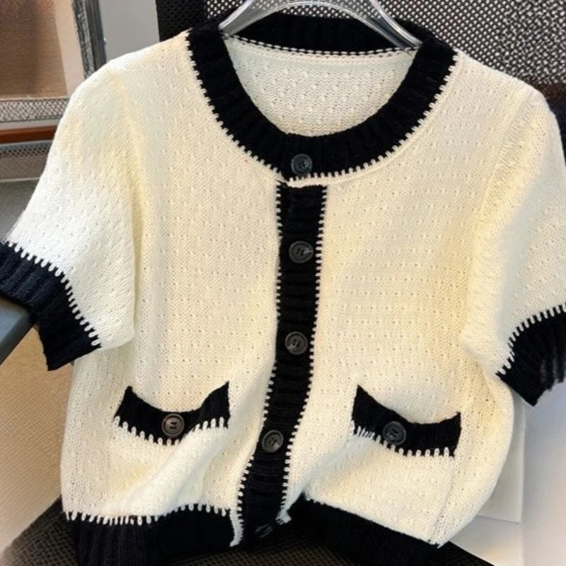 Small Fragrance Thin Cardigan Short Sleeve Single Breasted Pockets Contrast Color Sweaters 2025 Summer Knit Tops Women Clothing