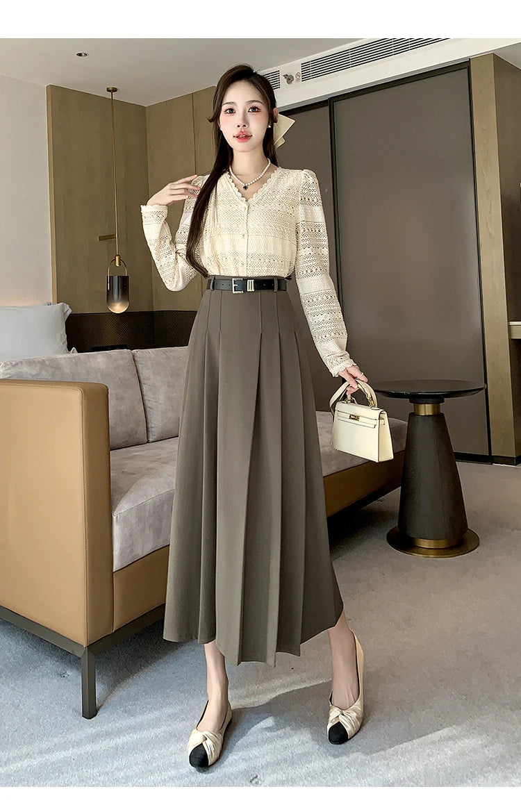 [EWQ] Elegant Solid Color Mid-Length All Match Skirt For Women 2026 Spring Summer Loose High Waist A-Line Pleated Skirts 16O9169