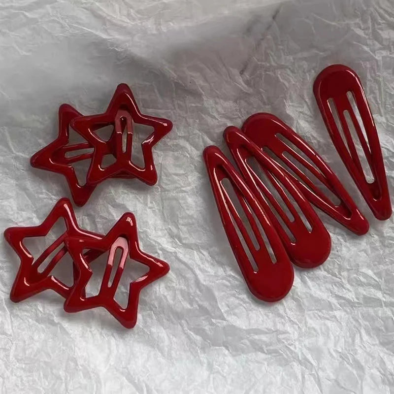 10Pcs/set Red Star Snap Clip for Girl Waterdrop Barrettes Black Hairpin Women Hair Clip Accessories Kawaii BB Clip New Sweet