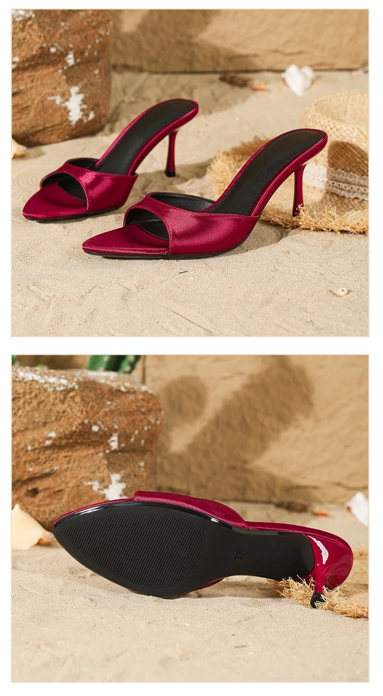 2026 New Arrival Women's Satin Mule Shoes High Heel Stiletto Slip On Sandals Fashion Elegant Party Wedding Shoes Champagne Beige