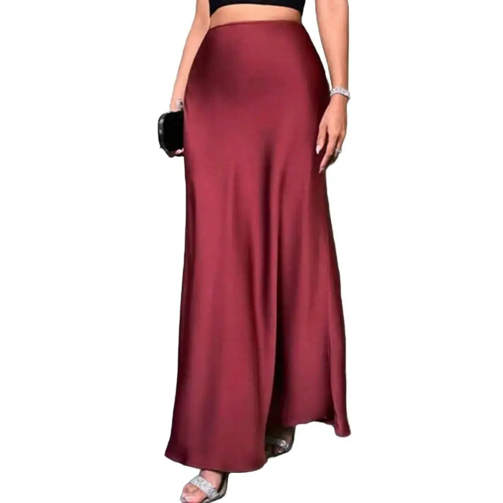 Women Fishtail Skirt Elegant High Waist Flattering Silhouette Satin Skirt Solid Color Smooth Surface A-Line Maxi Skirt