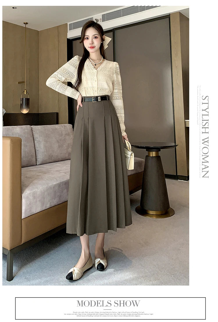 [EWQ] Elegant Solid Color Mid-Length All Match Skirt For Women 2026 Spring Summer Loose High Waist A-Line Pleated Skirts 16O9169