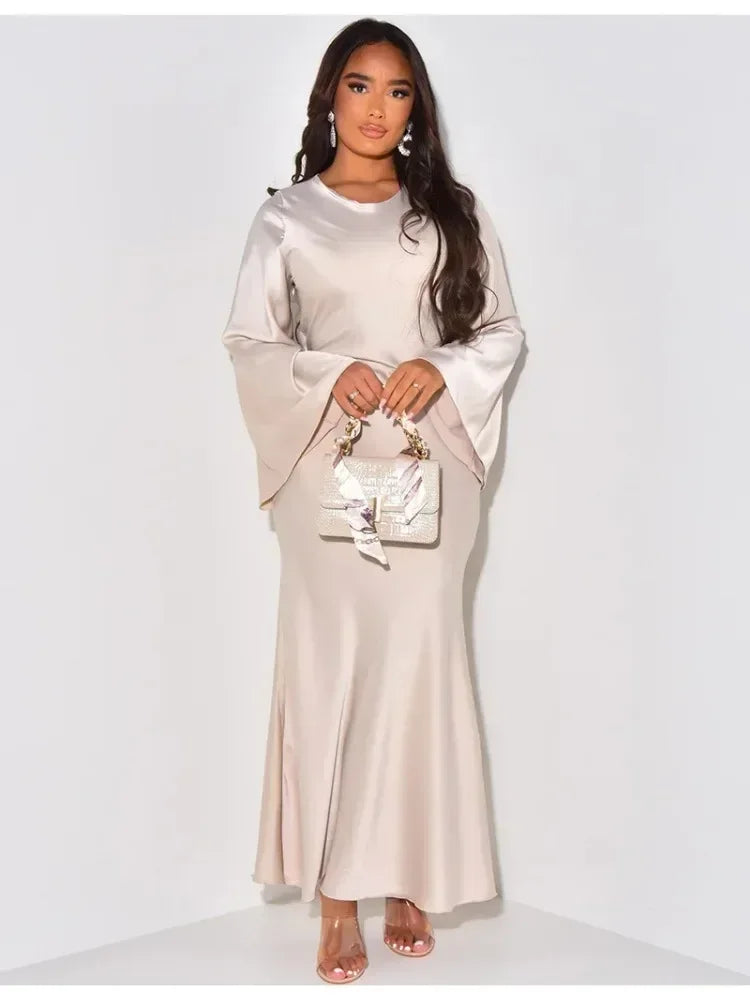 Elegant Women Print Maxi Dress Long Sleeve Loose O-neck Bandage Satin Clothing Fashion Lady Casual Dresses 2024