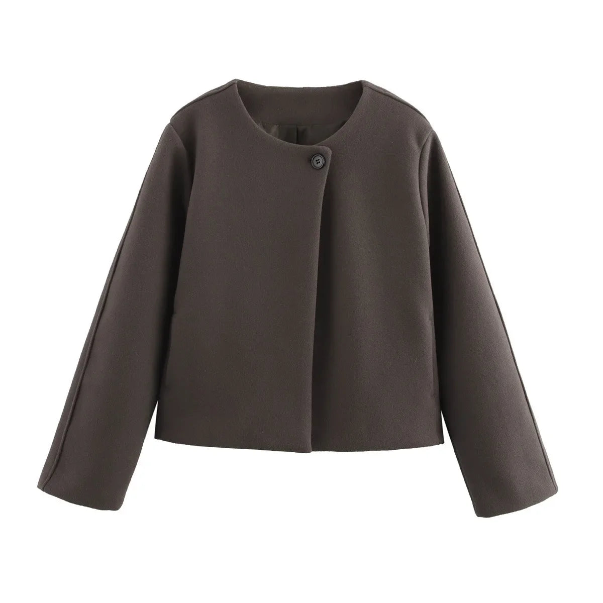 Fashion Women Solid Round Neck Woolen Short Coat Elegant Full Sleeve One Button Loose Women's Jacket 2024 Fall Winter Daily Wear