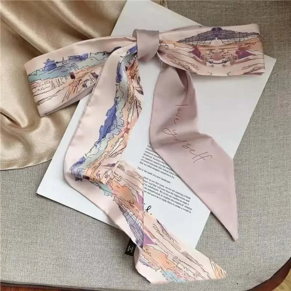 1pc French Scarf Butterfly Tie Hair Retro Oil Print Hair Ribbon Scarf Women Neck Tie Bag Headscarves Floral Bands Headband
