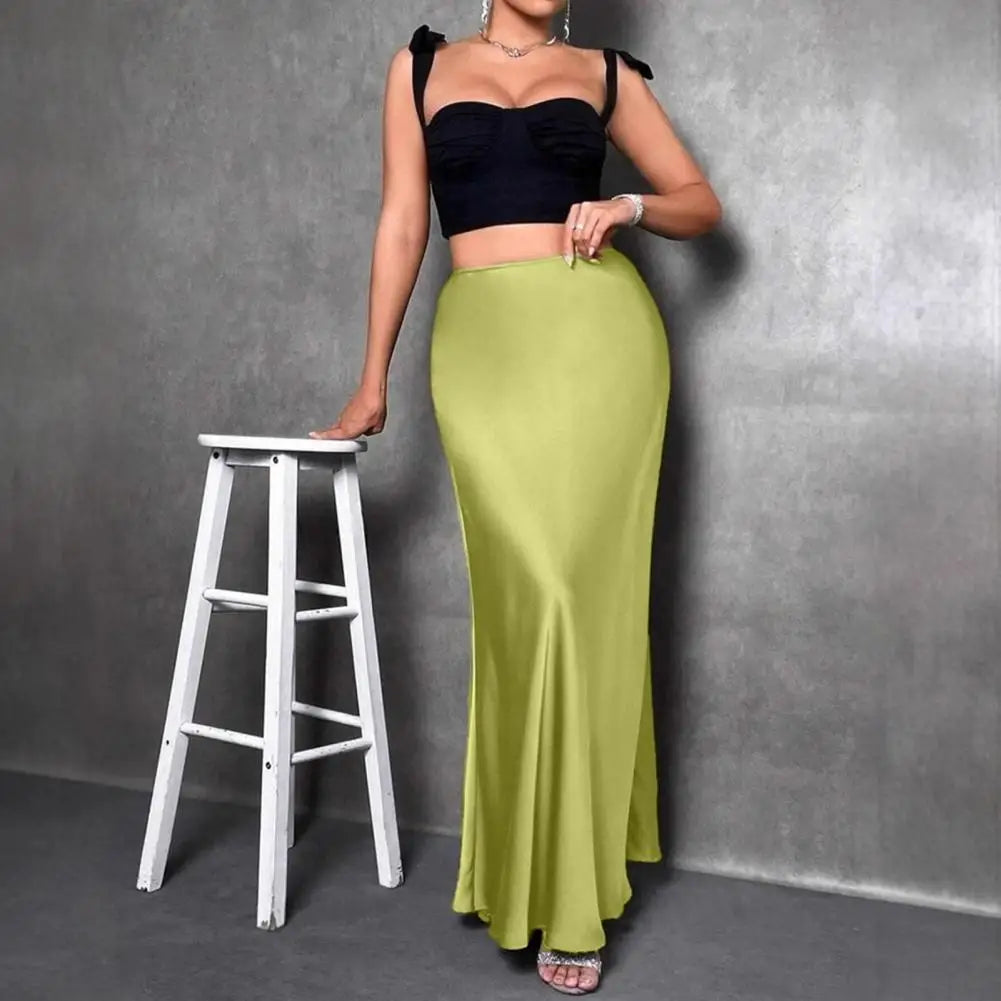 Women Fishtail Skirt Elegant High Waist Flattering Silhouette Satin Skirt Solid Color Smooth Surface A-Line Maxi Skirt