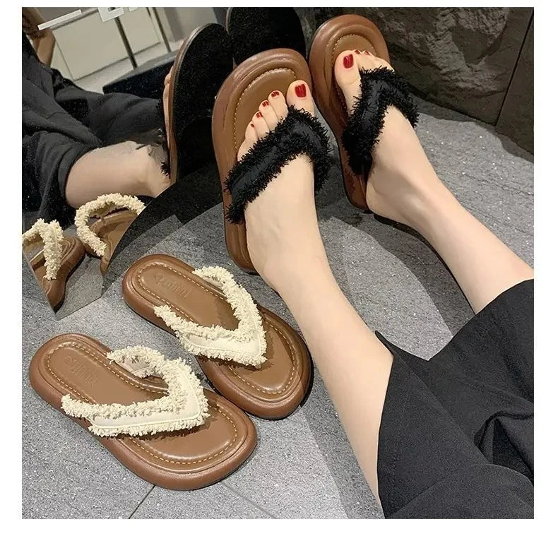 Daily Wear Fashion Slippers Women's Fringe Trim Flip Flops - Casual Flat Thong Sandals for Summer, Beach & Dress Outfits