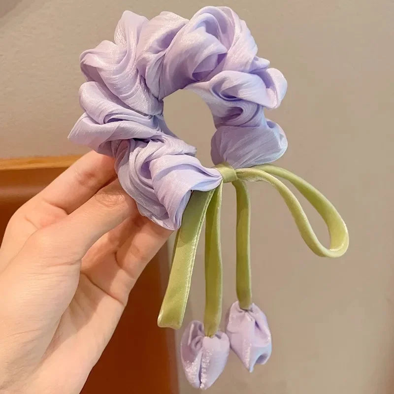 Sweet Girl Wind Mesh Strap Tulip Large Intestine Hair Hoop Handmade Butterfly Knot Rope Tie Ponytail Knot Hair Accessories