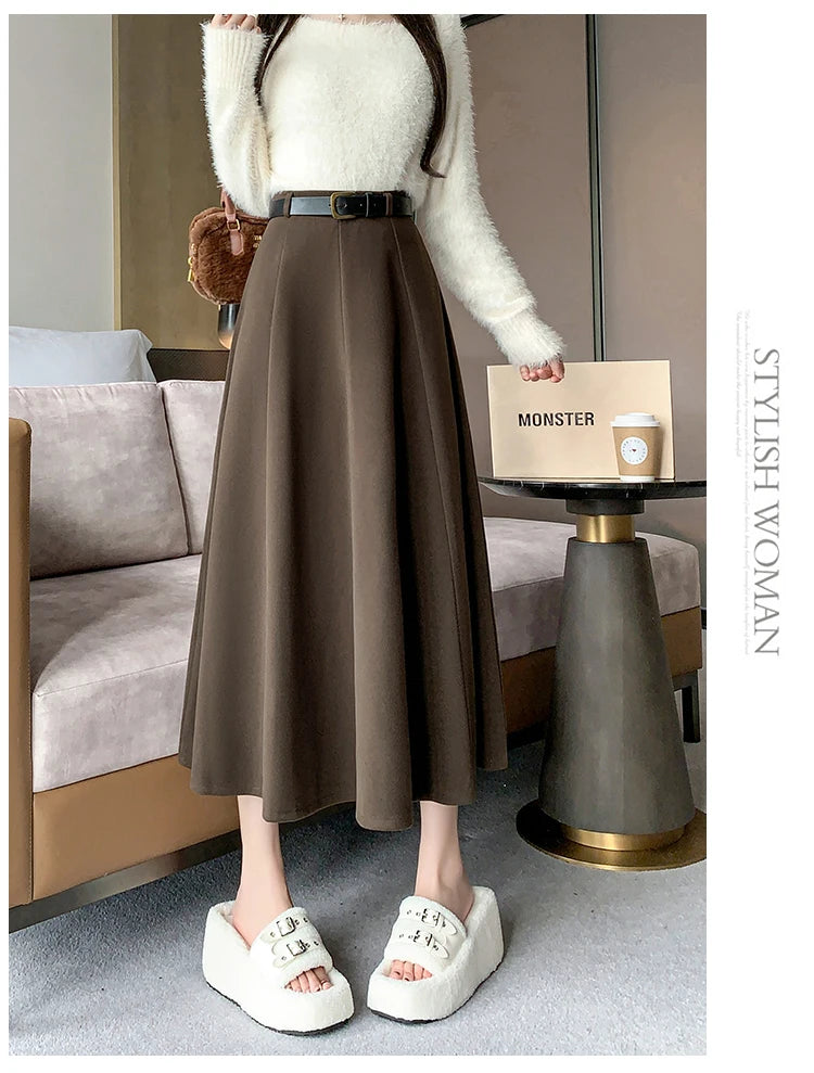 Elegant High Waist A-Line Midi Skirt Women's Fashion Slimming Skirts Autumn Winter New Style Loose Flared Mid-Length Skirts