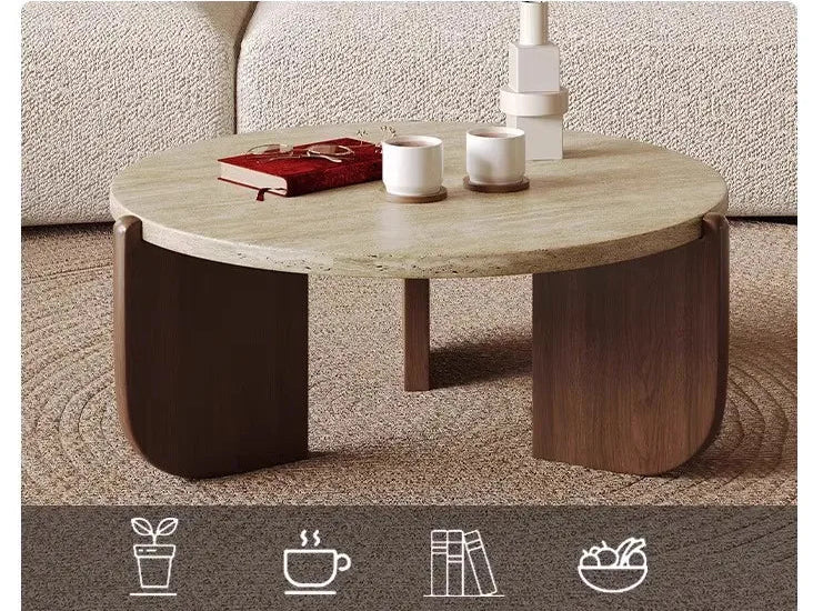 Wabi Sandy Wind Solid Wood Travertine Coffee Table Minimalist Small Tea Table Small Apartment Living Room Household Round Balcon