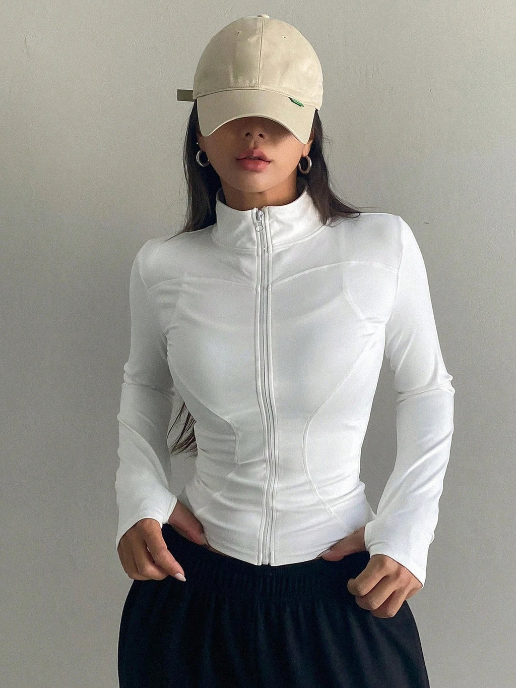 Women's Sport Zipper Closure Slim Fit Crop Jacket Solid Color Stand-up Collar Long Sleeve Yoga Clothes Spring/Autumn Streetwear