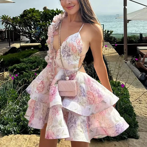 2025 Chiffon Floral Print Layered Women Mini Dresses Sweet Boat Neck Ruffles Flounce Retract Waist Robe Lady Beach Party Vestido