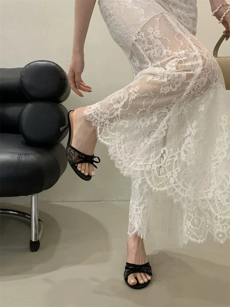 Sexy Style Bow Flat Sandals for Women 2026 Summer New Thin High Heel Open Toe Elegant Versatile Slippers
