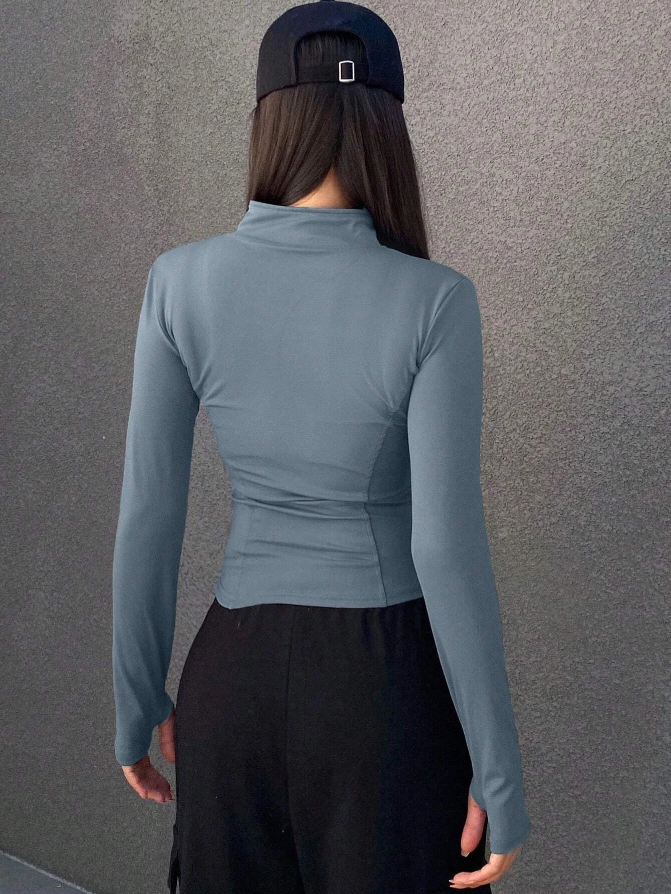 Women's Sport Zipper Closure Slim Fit Crop Jacket Solid Color Stand-up Collar Long Sleeve Yoga Clothes Spring/Autumn Streetwear