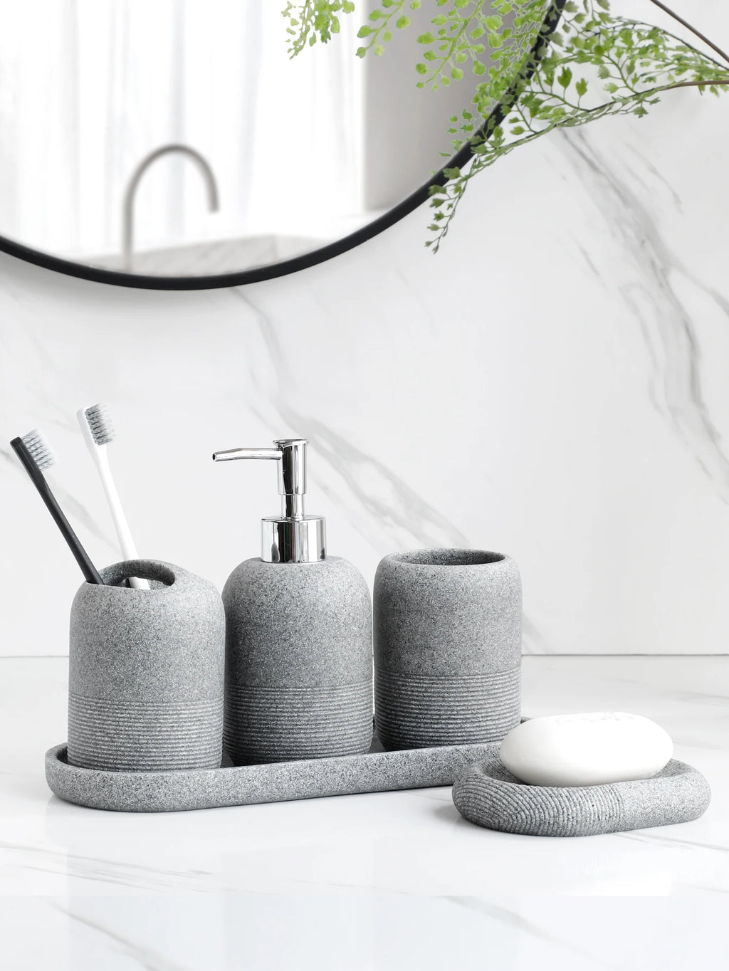 5pcs Bathroom Accessories Set – Beige & Grey