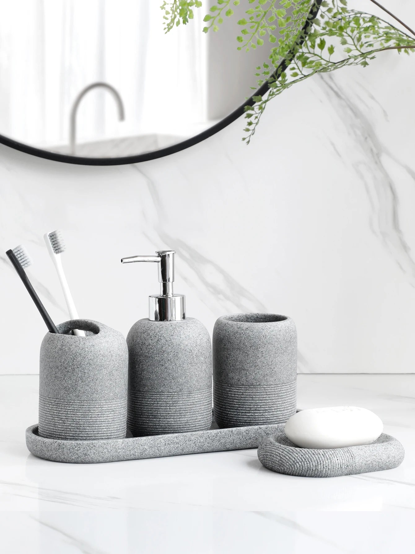 5pcs Bathroom Accessories Set – Beige & Grey