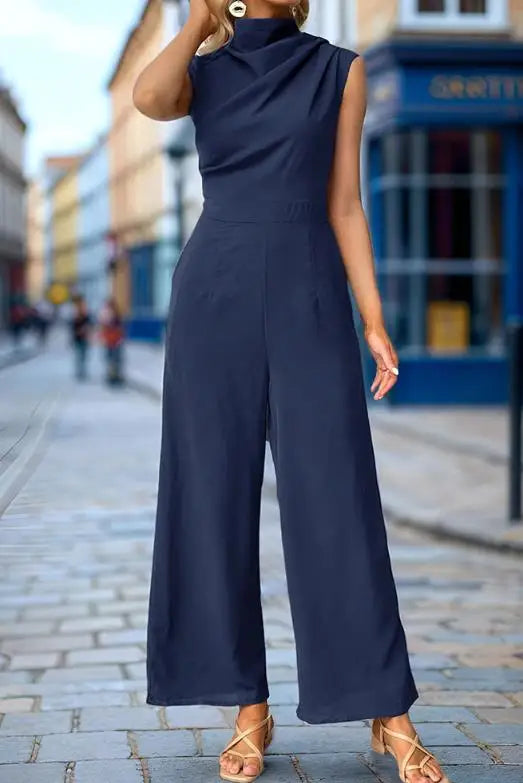 Jumpsuit Women 2026 Spring Summer New Solid Color High Collar Sleeveless Ruched Casual High Waist Wide Leg Jumpsuit