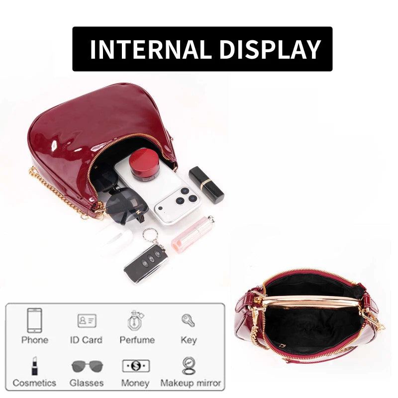 Trendy Burgundy Leather Shoulder Bag Stylish Gold Chain Hobo Bag With Metal Handle Minimalist Half-moon Crossbodybag Evening Bag