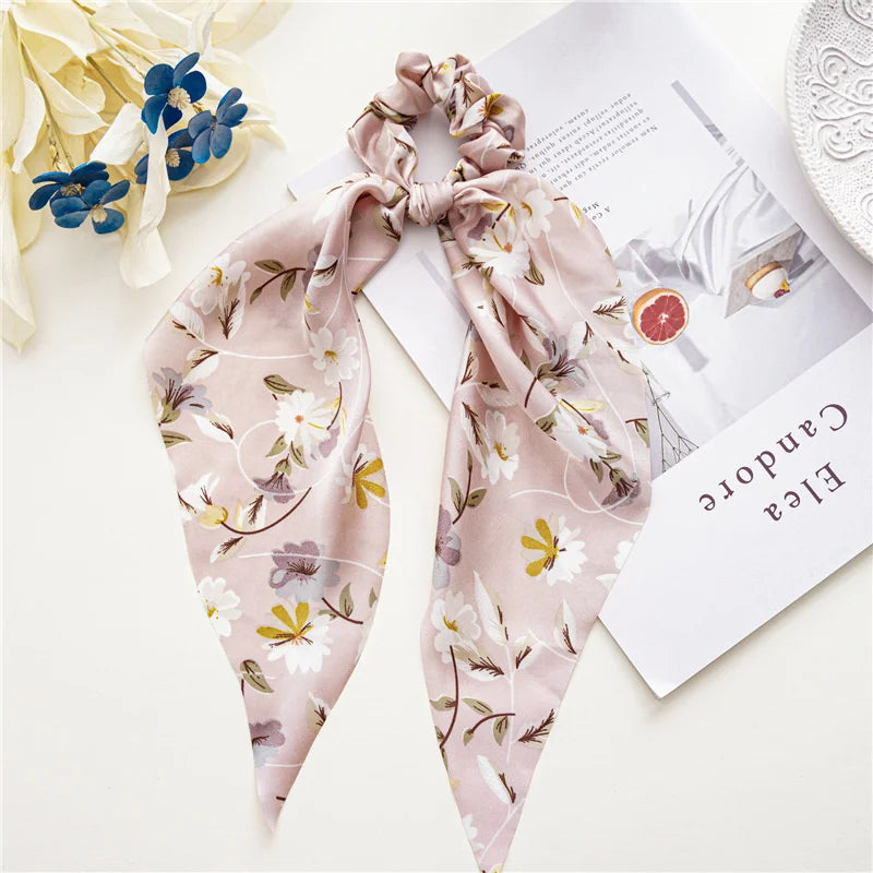 New Fashion Satin Flower Elastic Long Ribbon Hair Bands Ponytail Scarf Hair Tie Women Scrunchies Hair Accessories Headwear