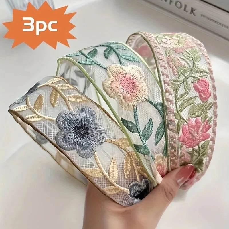 3pcs Elegant Chiffon Headband - Floral Embroidered Headscarf & Hair Tie