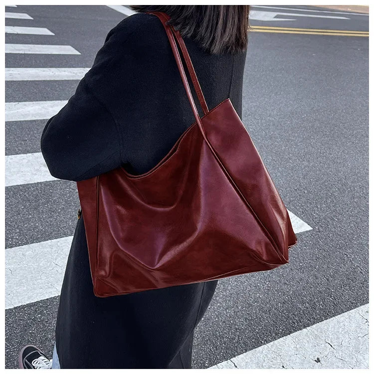Women’s Fashion Tote Bag – Large Capacity Soft PU Leather Retro Shoulder & Crossbody Bucket Bag