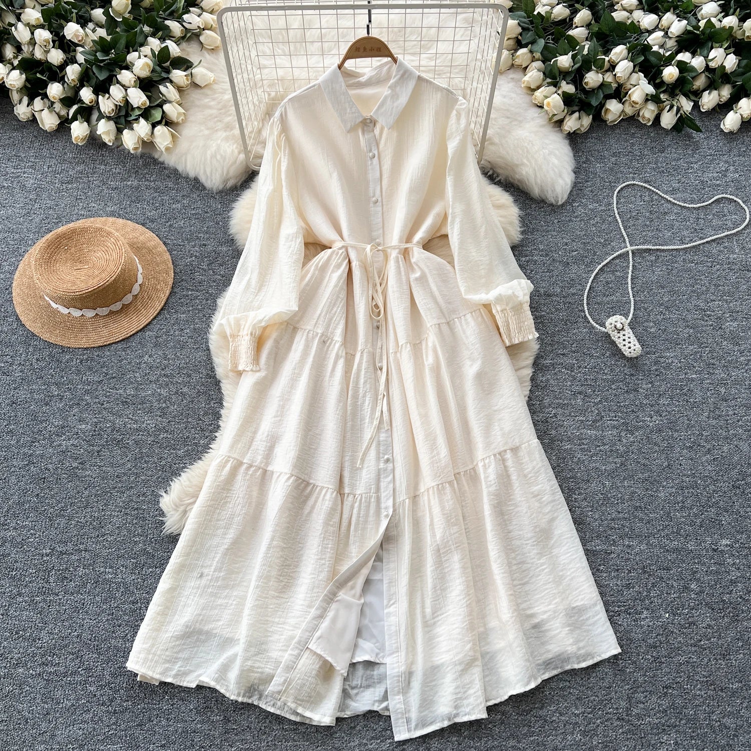 Chic Vintage Casual Long Sve irt Dr Women Loose Waist Cinched Faionable Long Skirt Korean Sle High Waist A-Line