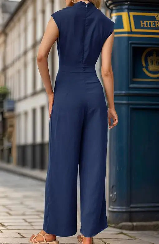 Jumpsuit Women 2026 Spring Summer New Solid Color High Collar Sleeveless Ruched Casual High Waist Wide Leg Jumpsuit