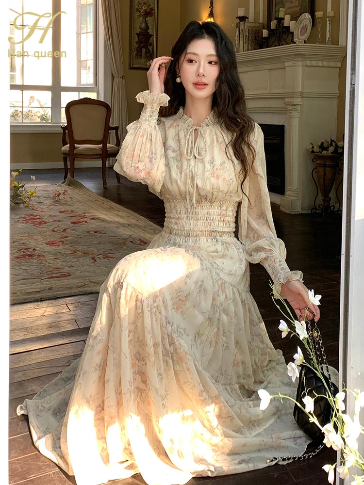 H Han Queen Women's Bohemian Chiffon Printed Dress Long Sleeve Casual Beach Holiday Wrap Waist Spring Summer