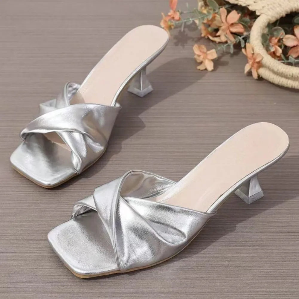 Fashion Summer Women Shoes New Handmade Square Open Toe High Heels Outdoor Fashion Slippers Wedding Party Fashion Party shoes
