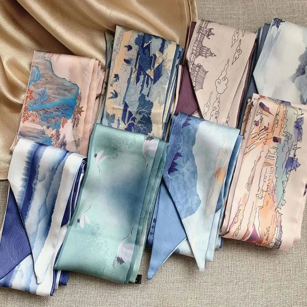 1pc French Scarf Butterfly Tie Hair Retro Oil Print Hair Ribbon Scarf Women Neck Tie Bag Headscarves Floral Bands Headband