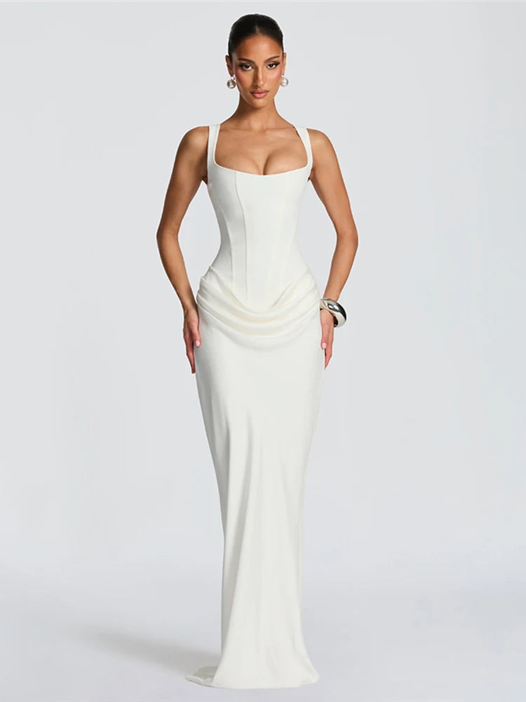 Nibber Fake Fake Decoration Maxi Dress Sleeveless Backless Low-Neck Folds Elegant Banquet Simple Classic Skinny Chic Vestidos