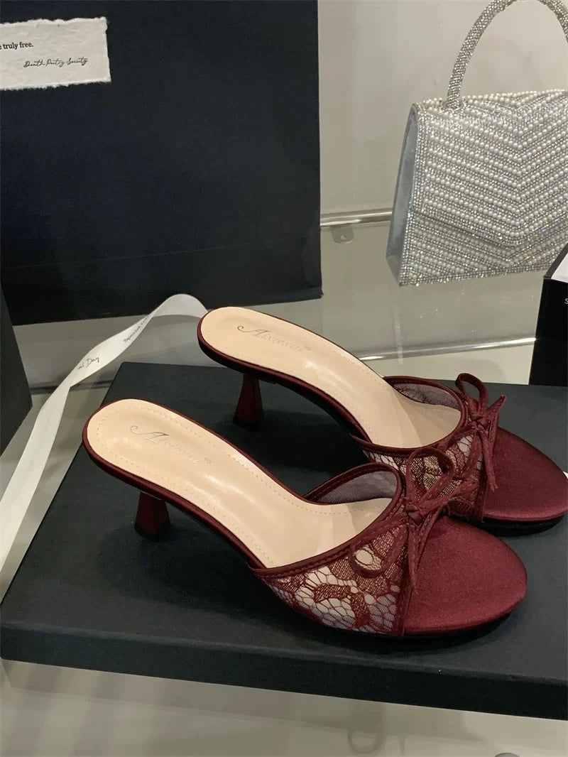Sexy Style Bow Flat Sandals for Women 2026 Summer New Thin High Heel Open Toe Elegant Versatile Slippers