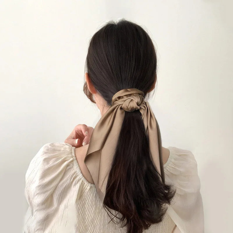 Ins Fashion Satin Hair Scarf Large Bowknot Head Bands Women Elegant Brown Scarf Hair Bands Retro Ponytail Elastic Hair Ties