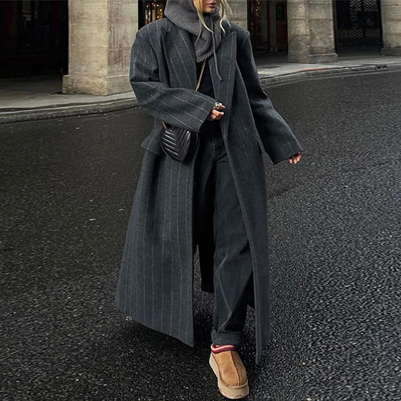 Vintage Women's Striped Woolen Overcoat Long Sleeve Fashion Lapel Oversized Coat 2025 Autumn Winter Commute Jacket for Ladies