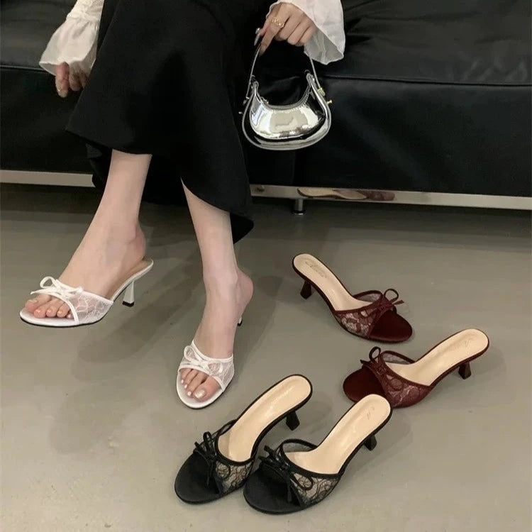 Sexy Style Bow Flat Sandals for Women 2026 Summer New Thin High Heel Open Toe Elegant Versatile Slippers