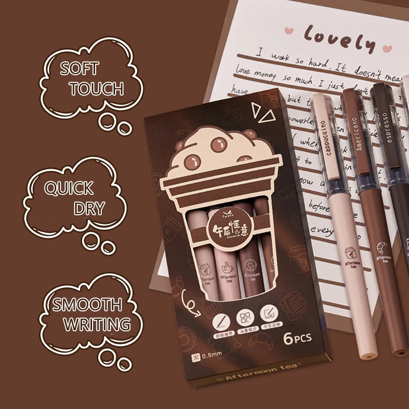 6pcs Afternoon Tea Gel Pens – 0.5mm Black Ink