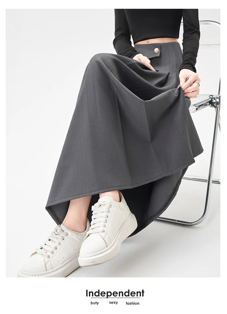 SMTHMA Women's High-Waisted Slimming Solid A- Line Skirt New Fashionable Big Umbrella Skirt Autumn/Winter Season Long Skirt